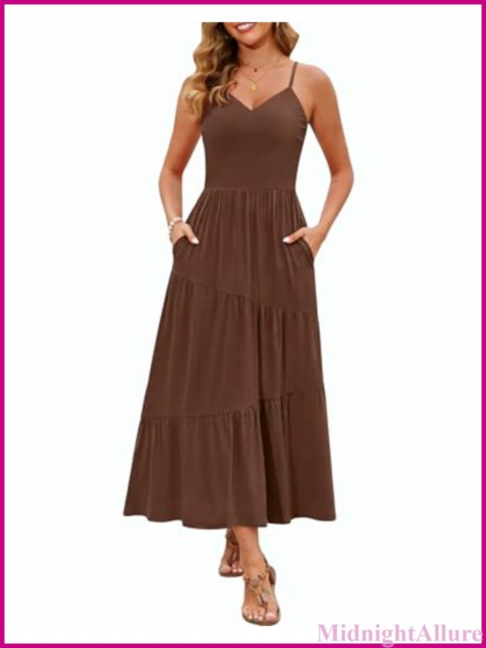 Sleeveless V Neck Spaghetti Strap Tiered Maxi Sundress with Pockets